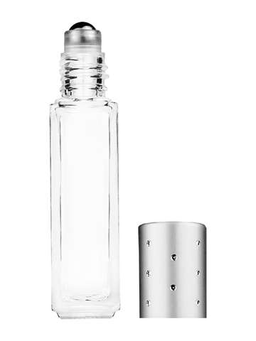 Sleek design 8ml, 1/3oz Clear glass bottle with metal roller ball plug and silver cap with dots.