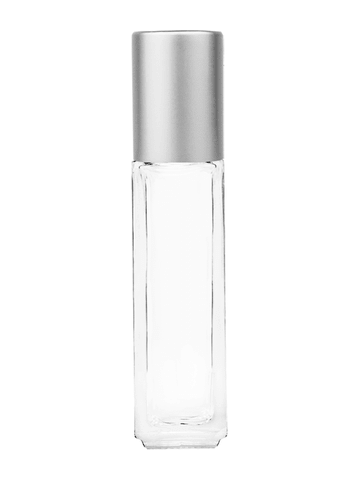 Sleek design 8ml, 1/3oz Clear glass bottle with metal roller ball plug and matte silver cap.