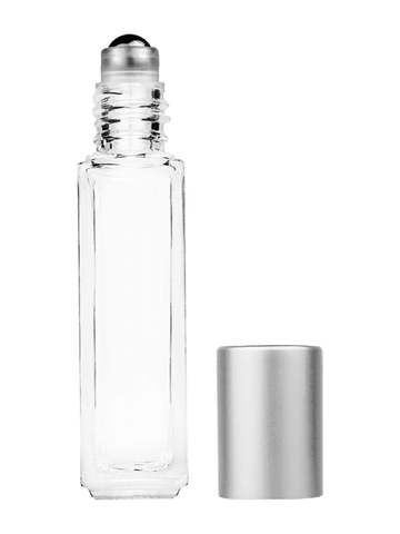 Sleek design 8ml, 1/3oz Clear glass bottle with metal roller ball plug and matte silver cap.