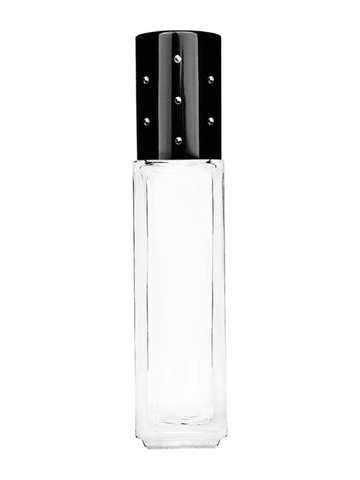 Sleek design 8ml, 1/3oz Clear glass bottle with plastic roller ball plug and black shiny cap with dots.