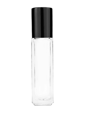 Sleek design 8ml, 1/3oz Clear glass bottle with plastic roller ball plug and black shiny cap.