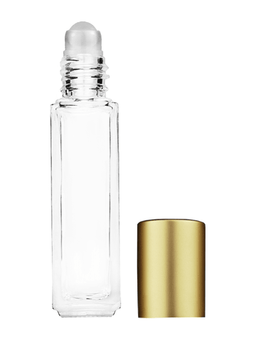 Sleek design 8ml, 1/3oz Clear glass bottle with plastic roller ball plug and matte gold cap.