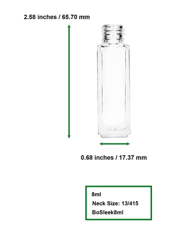 Sleek design 8ml, 1/3oz Clear glass bottle with plastic roller ball plug and silver cap with dots.