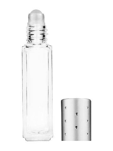 Sleek design 8ml, 1/3oz Clear glass bottle with plastic roller ball plug and silver cap with dots.