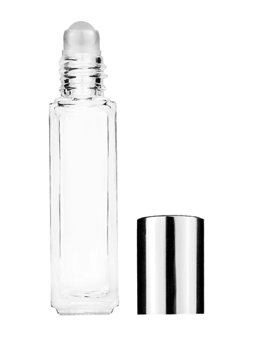 Sleek design 8ml, 1/3oz Clear glass bottle with plastic roller ball plug and shiny silver cap.