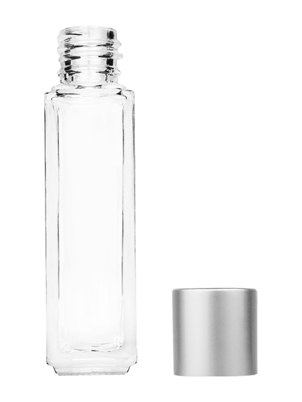 Empty Clear glass bottle with short matte silver cap capacity: 8ml, 1/3oz. For use with perfume or fragrance oil, essential oils, aromatic oils and aromatherapy.