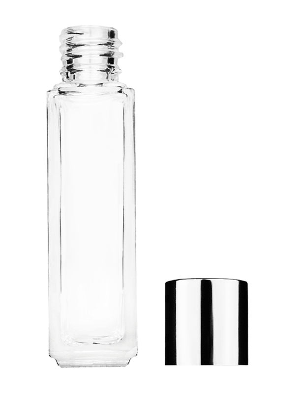 Empty Clear glass bottle with short shiny silver cap capacity: 8ml, 1/3oz. For use with perfume or fragrance oil, essential oils, aromatic oils and aromatherapy.