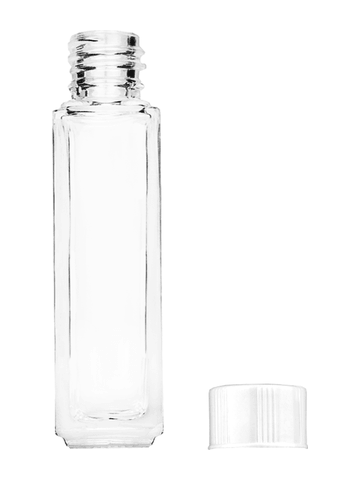 Sleek design 8ml, 1/3oz Clear glass bottle with short white cap.