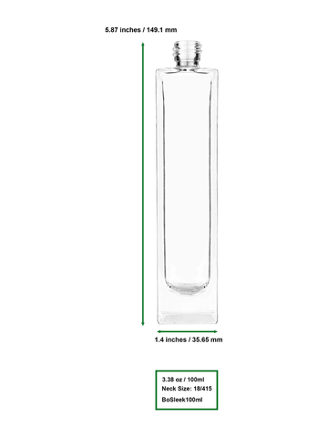 Sleek design 100 ml, 3 1/2oz  clear glass bottle  with black vintage style bulb sprayer with shiny silver collar cap.