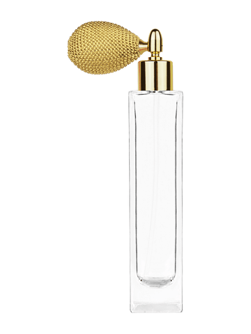 Sleek design 100 ml, 3 1/2oz  clear glass bottle  with gold vintage style sprayer with shiny gold collar cap.