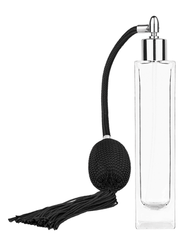 Sleek design 100 ml, 3 1/2oz  clear glass bottle  with Black vintage style bulb sprayer with tasseland shiny silver collar cap.