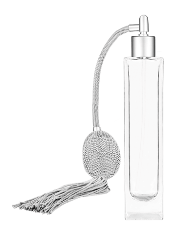 Sleek design 100 ml, 3 1/2oz  clear glass bottle  with Silver vintage style bulb sprayer with tasseland matte silver collar cap.