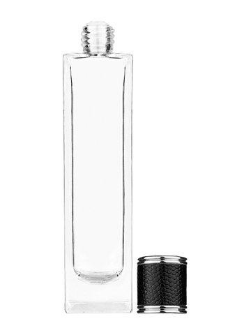 Sleek design 100 ml, 3 1/2oz  clear glass bottle  with reducer and black faux leather cap.