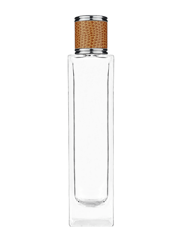 Sleek design 100 ml, 3 1/2oz  clear glass bottle  with reducer and brown faux leather cap.