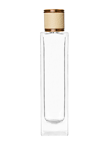 Sleek design 100 ml, 3 1/2oz  clear glass bottle  with reducer and ivory faux leather cap.