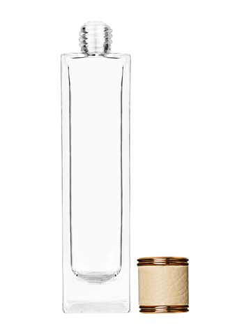 Sleek design 100 ml, 3 1/2oz  clear glass bottle  with reducer and ivory faux leather cap.