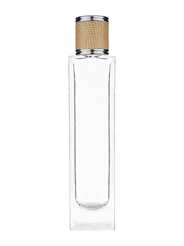 Sleek design 100 ml, 3 1/2oz  clear glass bottle  with reducer and light brown faux leather cap.