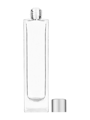 Sleek design 100 ml, 3 1/2oz  clear glass bottle  with reducer and silver matte cap.