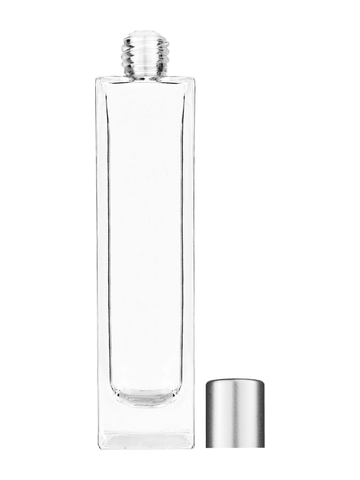 Sleek design 100 ml, 3 1/2oz  clear glass bottle  with reducer and tall silver matte cap.