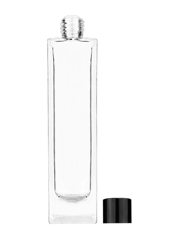 Sleek design 100 ml, 3 1/2oz  clear glass bottle  with reducer and black shiny cap.