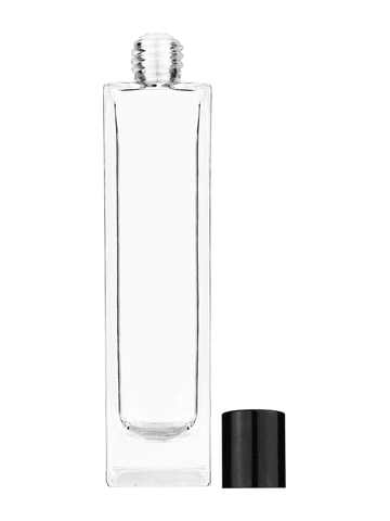 Sleek design 100 ml, 3 1/2oz  clear glass bottle  with reducer and tall black shiny cap.