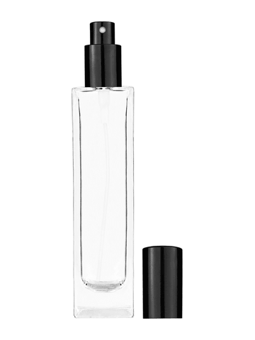 Sleek design 100 ml, 3 1/2oz  clear glass bottle  with shiny black spray pump.