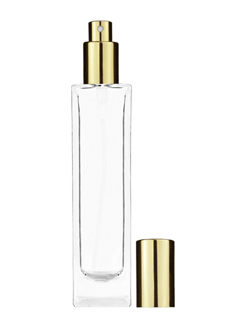 Sleek design 100 ml, 3 1/2oz  clear glass bottle  with shiny gold spray pump.