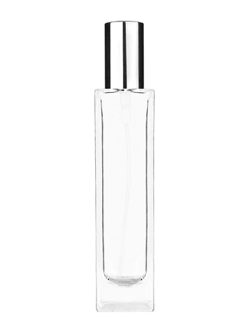 Sleek design 100 ml, 3 1/2oz  clear glass bottle  with shiny silver spray pump.