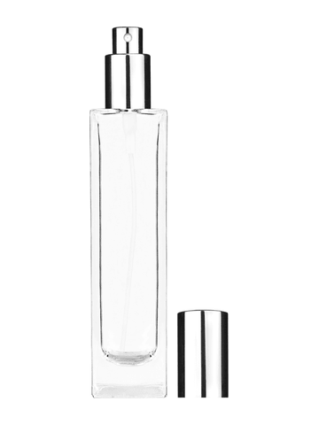 Sleek design 100 ml, 3 1/2oz  clear glass bottle  with shiny silver spray pump.