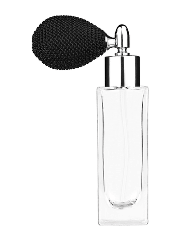 Sleek design 30 ml, 1oz  clear glass bottle  with black vintage style bulb sprayer with shiny silver collar cap.