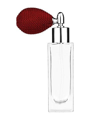 Sleek design 30 ml, 1oz  clear glass bottle  with red vintage style bulb sprayer with shiny silver collar cap.