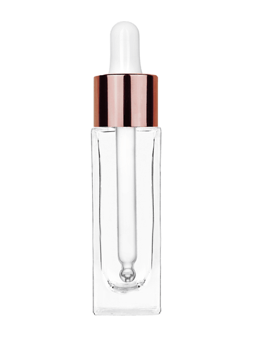 Sleek design 30 ml, 1oz  clear glass bottle  with white dropper with shiny copper collar cap.