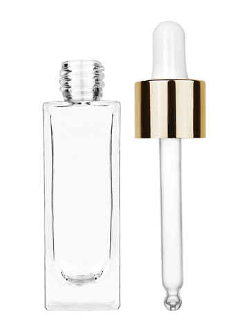 Sleek design 30 ml, 1oz  clear glass bottle  with white dropper with shiny gold collar cap.