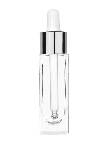 Sleek design 30 ml, 1oz  clear glass bottle  with white dropper with shiny silver collar cap.