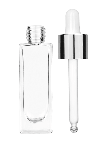 Sleek design 30 ml, 1oz  clear glass bottle  with white dropper with shiny silver collar cap.