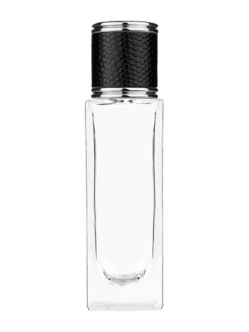 Sleek design 30 ml, 1oz  clear glass bottle  with reducer and black faux leather cap.