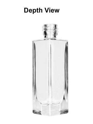 Sleek design 30 ml, 1oz  clear glass bottle  with reducer and black faux leather cap.