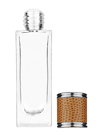 Sleek design 30 ml, 1oz  clear glass bottle  with reducer and brown faux leather cap.