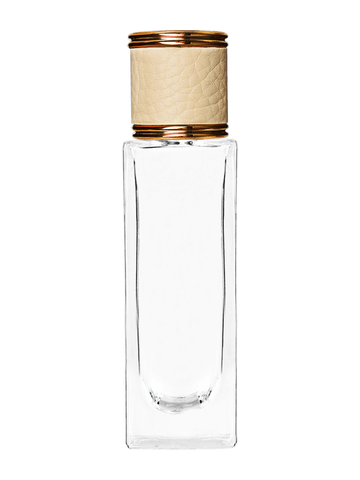 Sleek design 30 ml, 1oz  clear glass bottle  with reducer and ivory faux leather cap.