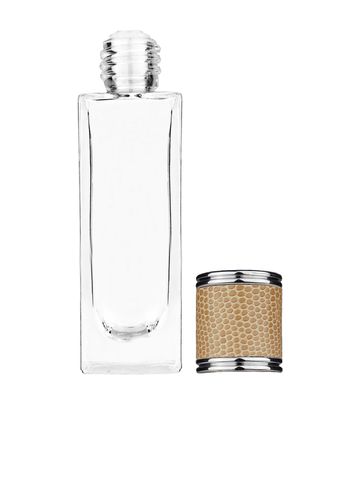 Sleek design 30 ml, 1oz  clear glass bottle  with reducer and light brown faux leather cap.