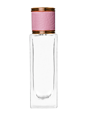 Sleek design 30 ml, 1oz  clear glass bottle  with reducer and pink faux leather cap.