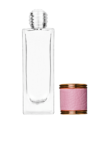 Sleek design 30 ml, 1oz  clear glass bottle  with reducer and pink faux leather cap.