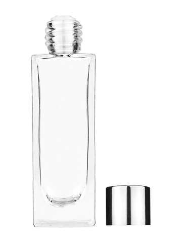 Sleek design 30 ml, 1oz  clear glass bottle  with reducer and shiny silver cap.