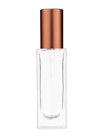 Sleek design 30 ml, 1oz  clear glass bottle  with matte copper spray pump.