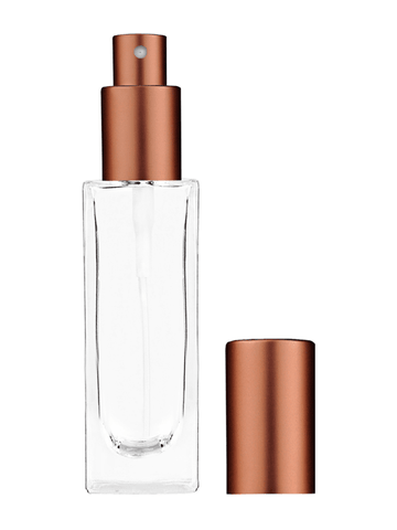 Sleek design 30 ml, 1oz  clear glass bottle  with matte copper spray pump.