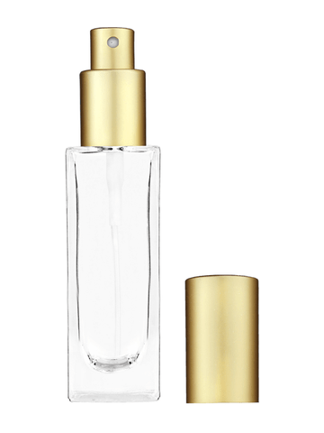 Sleek design 30 ml, 1oz  clear glass bottle  with matte gold spray pump.