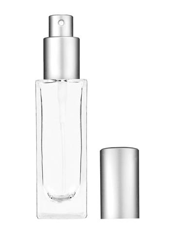 Sleek design 30 ml, 1oz  clear glass bottle  with matte silver spray pump.