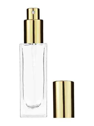 Sleek design 30 ml, 1oz  clear glass bottle  with shiny gold spray pump.