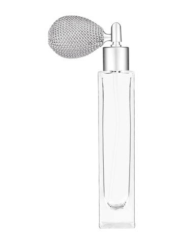 Sleek design 50 ml, 1.7oz  clear glass bottle  with matte silver vintage style sprayer with matte silver collar cap.