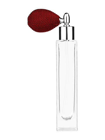 Sleek design 50 ml, 1.7oz  clear glass bottle  with red vintage style bulb sprayer with shiny silver collar cap.